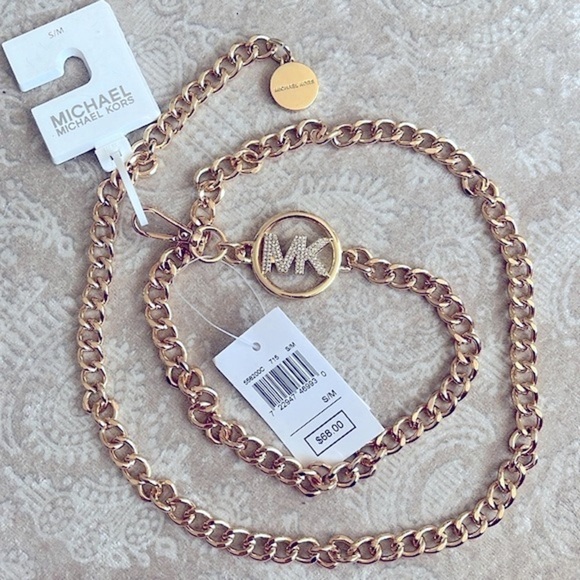 Brand New Michael Kors Gold Tone Metal Chain Belt Rhinestone Logo Buckle Cinched main image 13